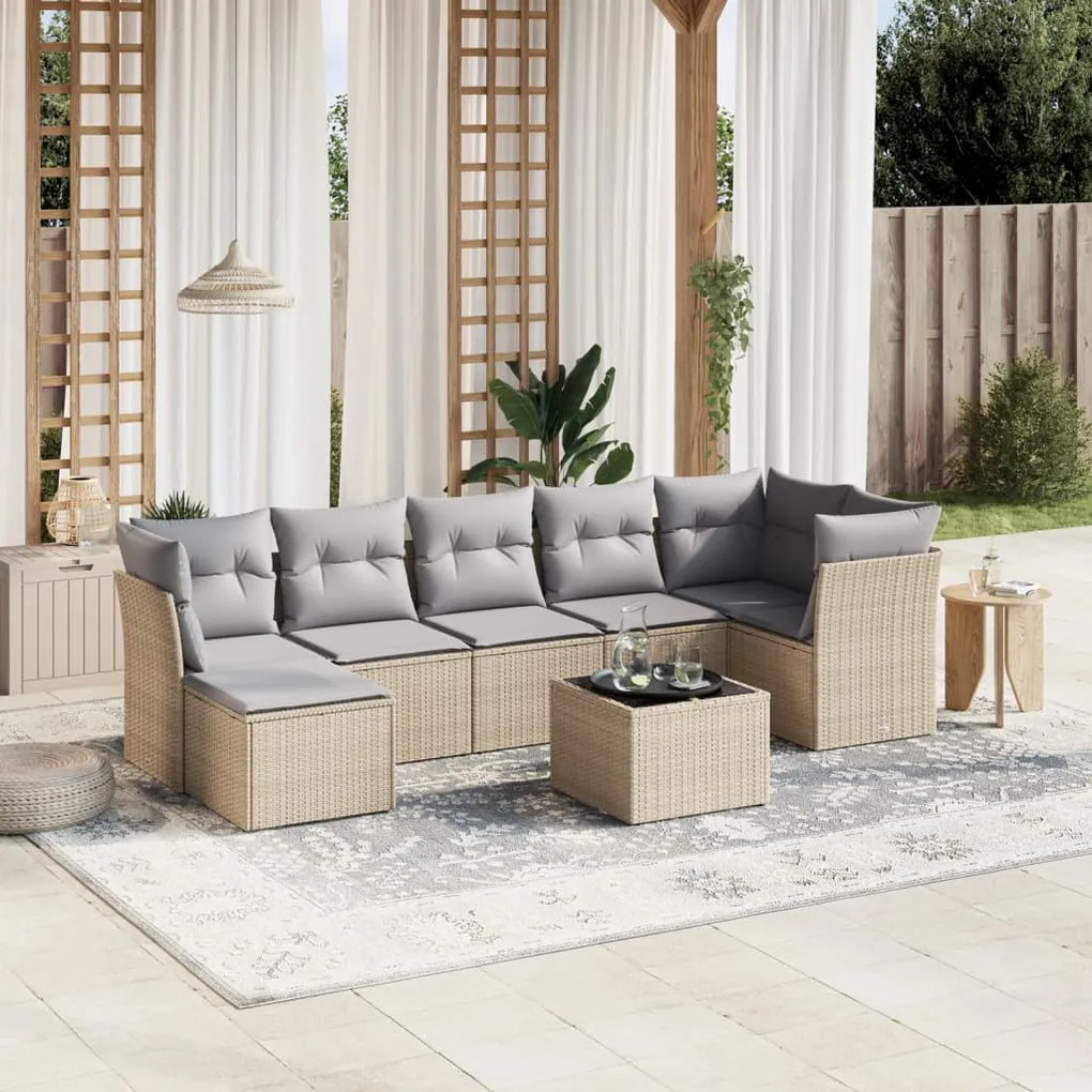 vidaXL 8 pcs conj. sofás jardim c/ almofadões vime PE bege misturado