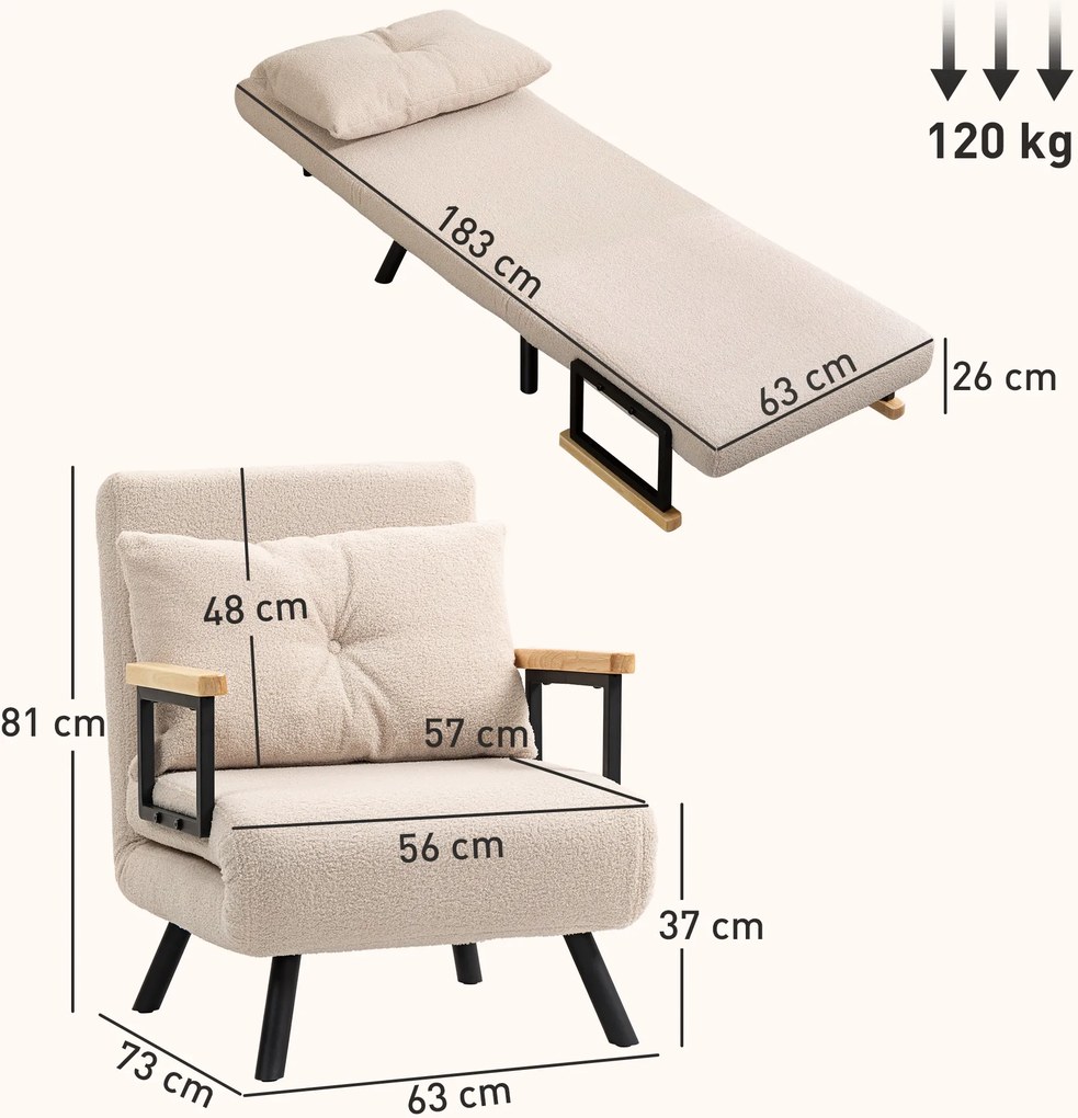 Poltrona Convertível em Cama Poltrona 3 em 1 Convertível em Cama com Encosto Ajustável em 5 Níveis 63x73x81 cm Bege