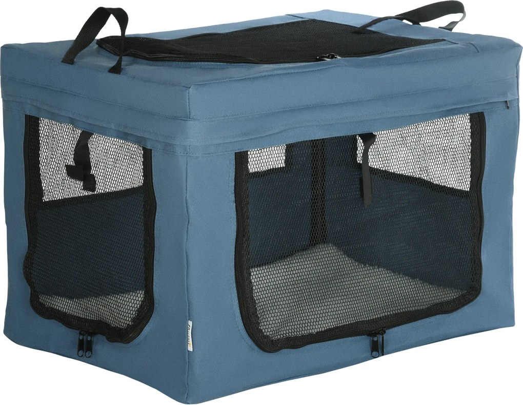 PawHut Transportadora Cães Gatos Portátil Dobrável 3 Portas Almofada Confortável Prática Segura 60x42x42 cm Azul Ideal Viagem | Aosom Portugal