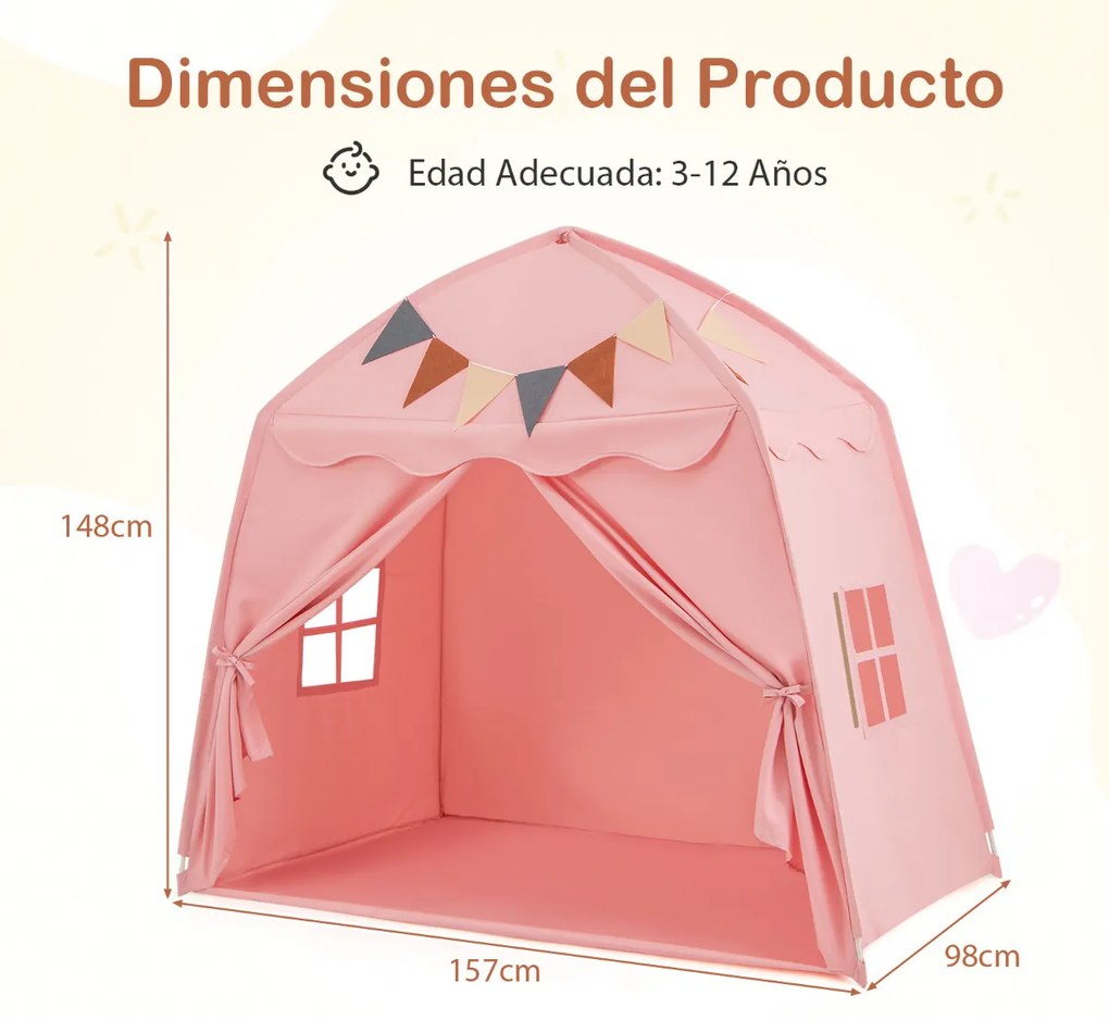 Tenda para crianças 157 x 98 x 148 cm com faixas e luzes de cordas Casa de brincar grande para crianças dos 3 aos 12 anos Rosa