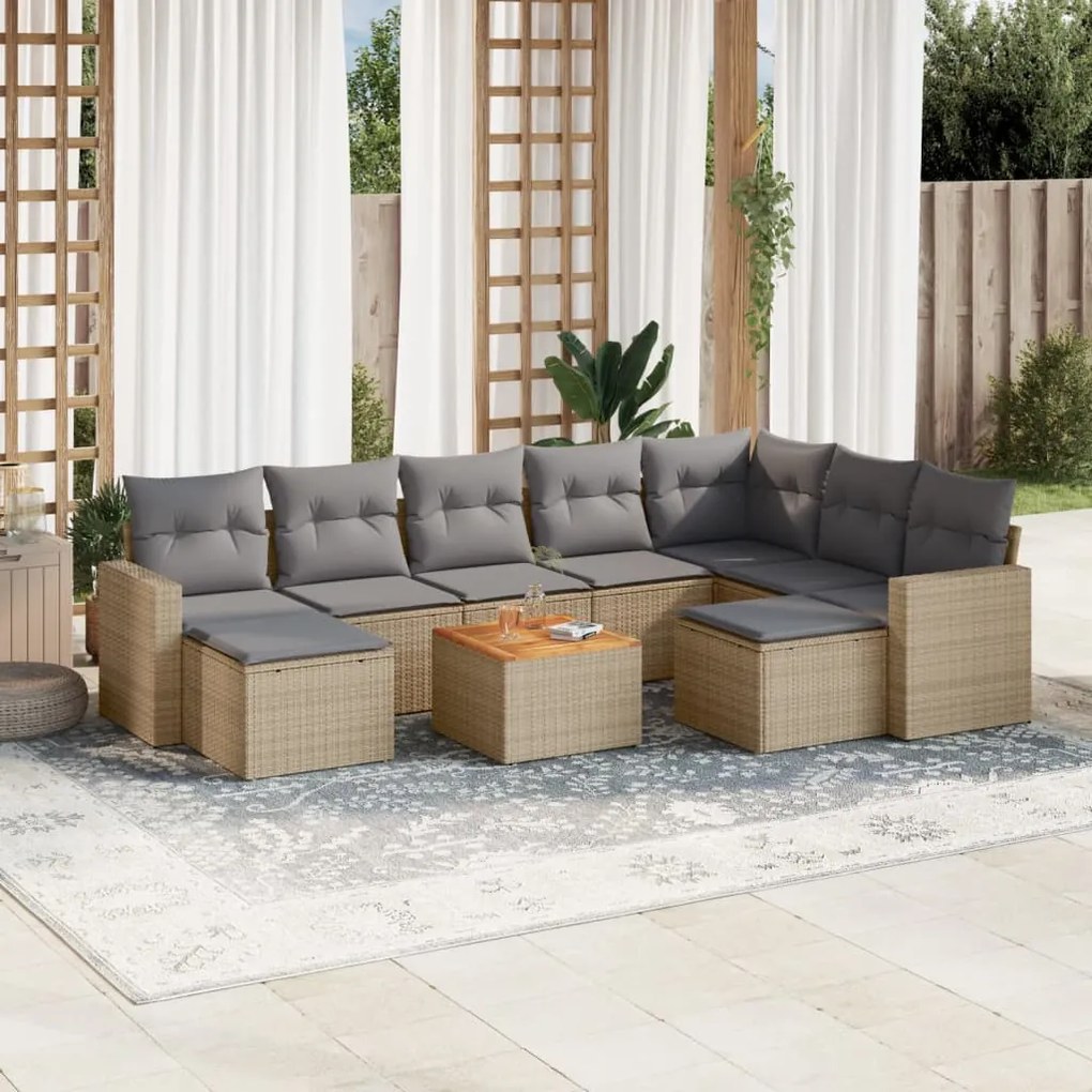 10 pcs conj. sofás jardim c/ almofadões vime PE bege misturado