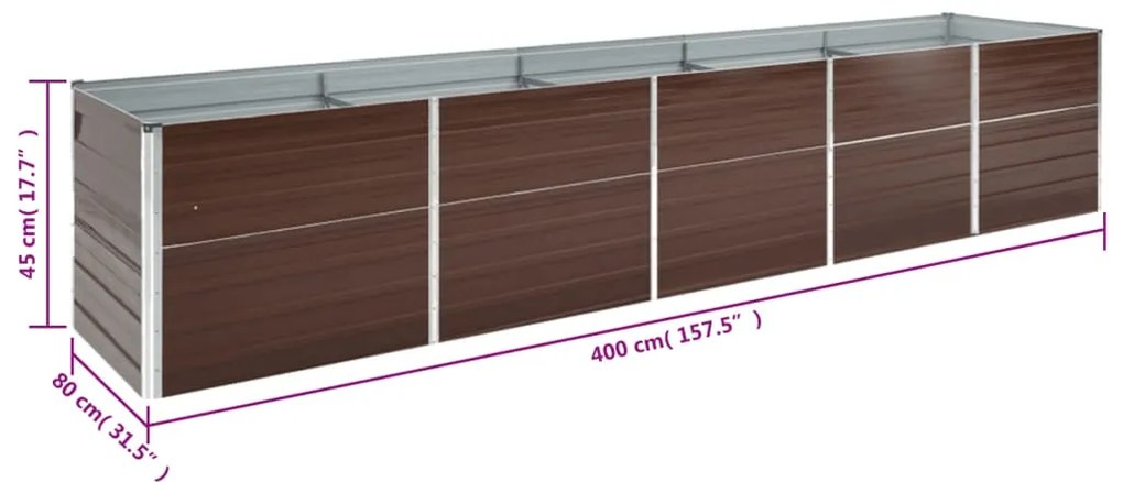 Canteiro elevado jardim aço galvanizado 400x80x45 cm castanho