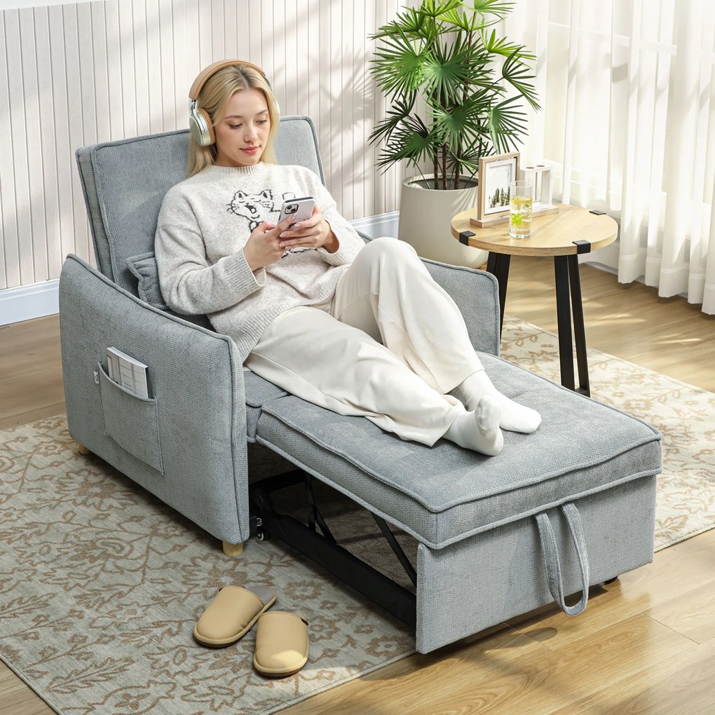 Poltrona convertível de 1 lugar 3 em 1, poltrona-cama clic-clac em tecido chenille, assento largo e encosto ajustável, 88x84x87 cm, cinzento