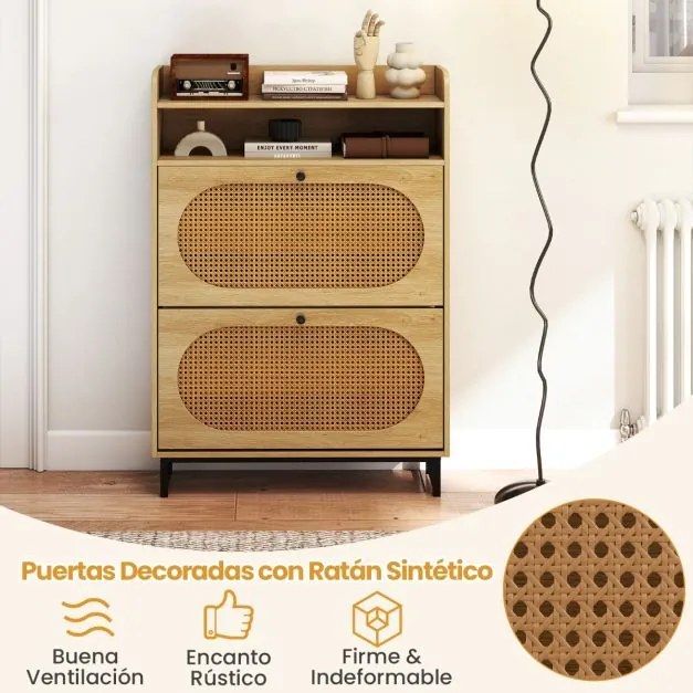 Sapateira com 2 gavetas rebatíveis 80 x 24 x 115 cm com portas de rattan e pés de metal Armário de armazenamento natural