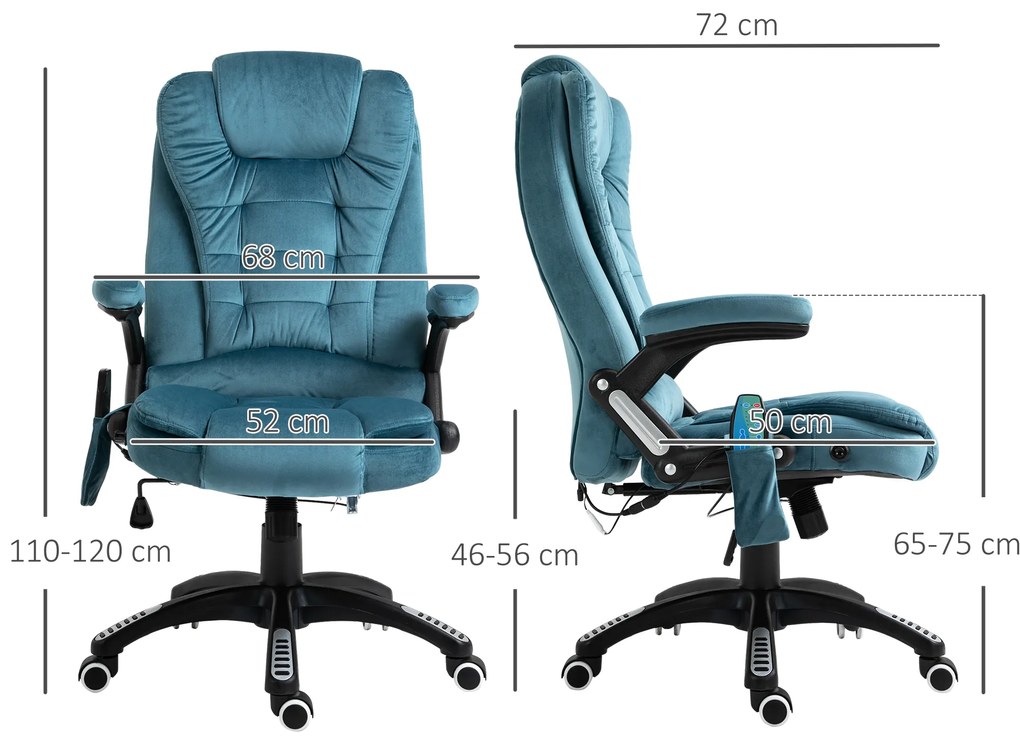 Cadeira de Escritório com 6 Pontos de Massagem Reclinável até 130° com Função de Aquecimento 68x72x110-120 cm Azul