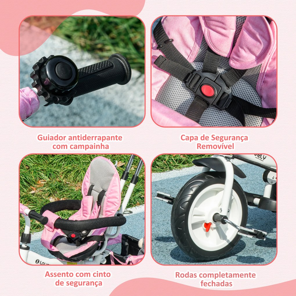 Triciclo Evolutivo para Bebés de +12 Meses 2 em 1 com Toldo Dobrável Guiador Cinto de Segurança e Cesto 95x50x106 cm Rosa