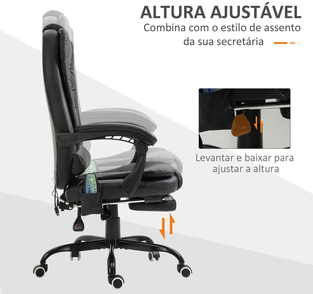 Cadeira de Massagem com 7 Pontos de Massagem Reclinável com Apoio para os Pés e Controlo Remoto 67x79x111-121 cm Preto