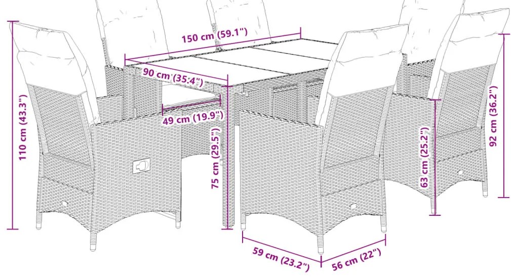 7 pcs conjunto de jantar p/ jardim c/ almofadões vime PE preto
