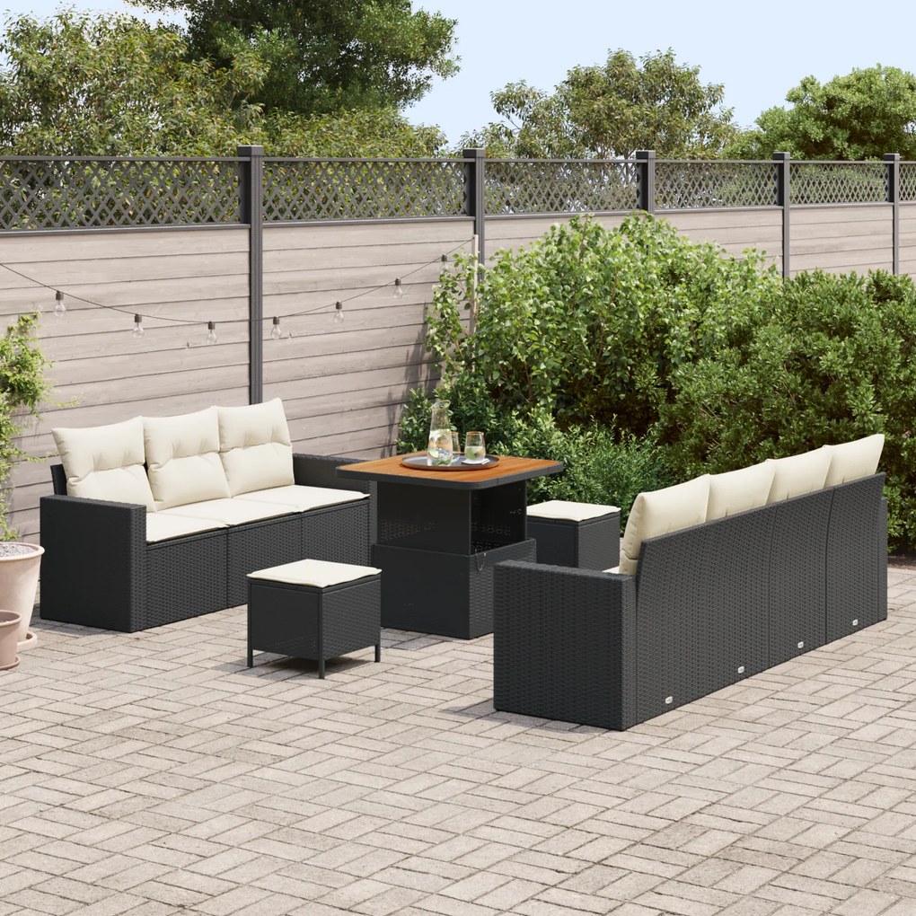 Conjunto de Sofás de Jardim de 10 Peças com Almofadas Preto Vime Sinté