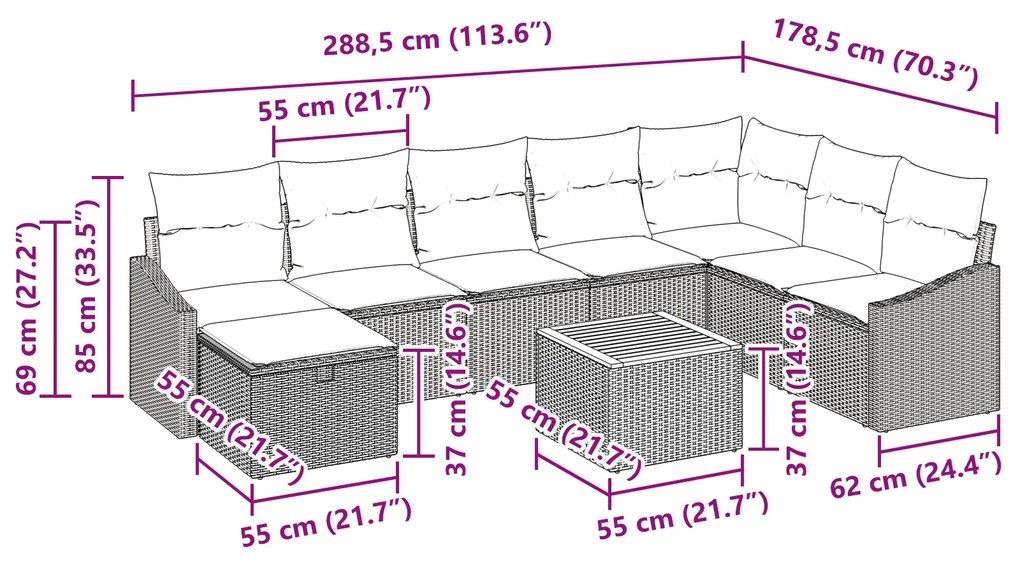 Conjunto de Sofá de Jardim com Almofadas Pretas em Vime Sintético