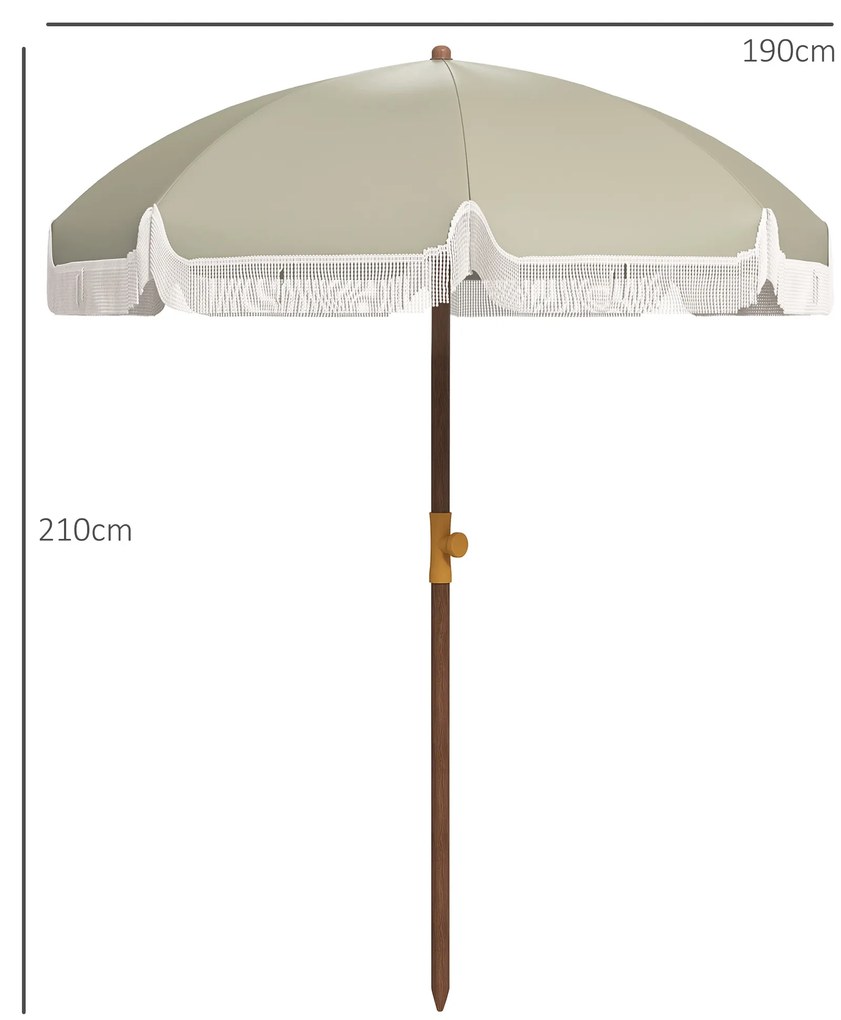 Chapéu de Sol de Praia Ø190x210 cm com 8 Varas Abertura Manual Anti-UV Impermeável e Bolsa de Transporte para Jardim Verde claro