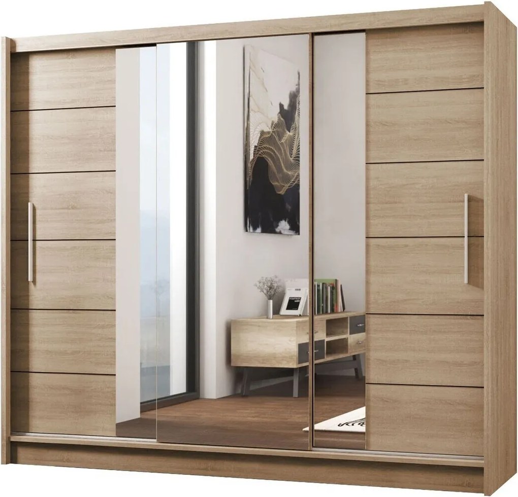 Roupeiro Honolulu 119, Carvalho sonoma, 215x250x61cm, 227 kg, Portas para roupeiro: Deslizante, Número de prateleiras: 8, Número de prateleiras: 8