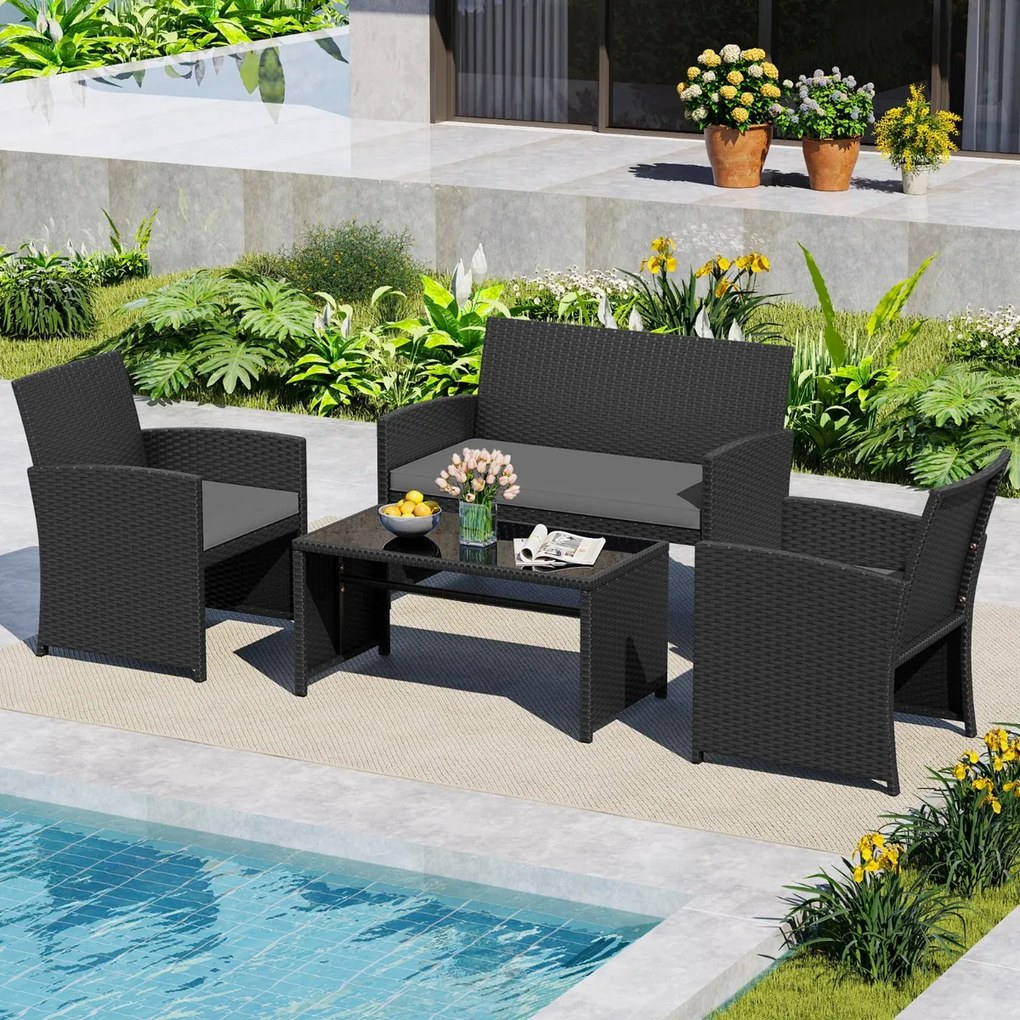 Conjunto de jardim em rattan com 4 peças: sofás de 2 lugares, mesa de vidro temperado e almofadas para exterior, varanda ou piscina, Preto+cinzento
