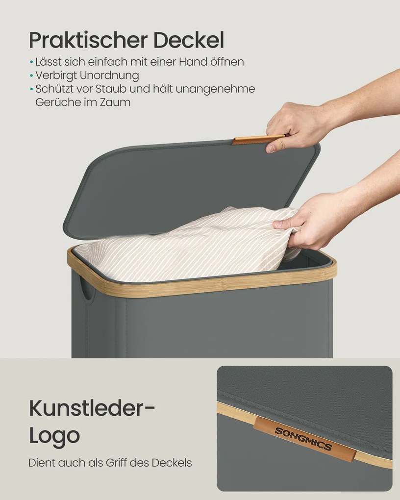 Cesto da roupa suja 42 x 32 x 75 cm com tampa e saco removível, 100 L, cinzento ardósia