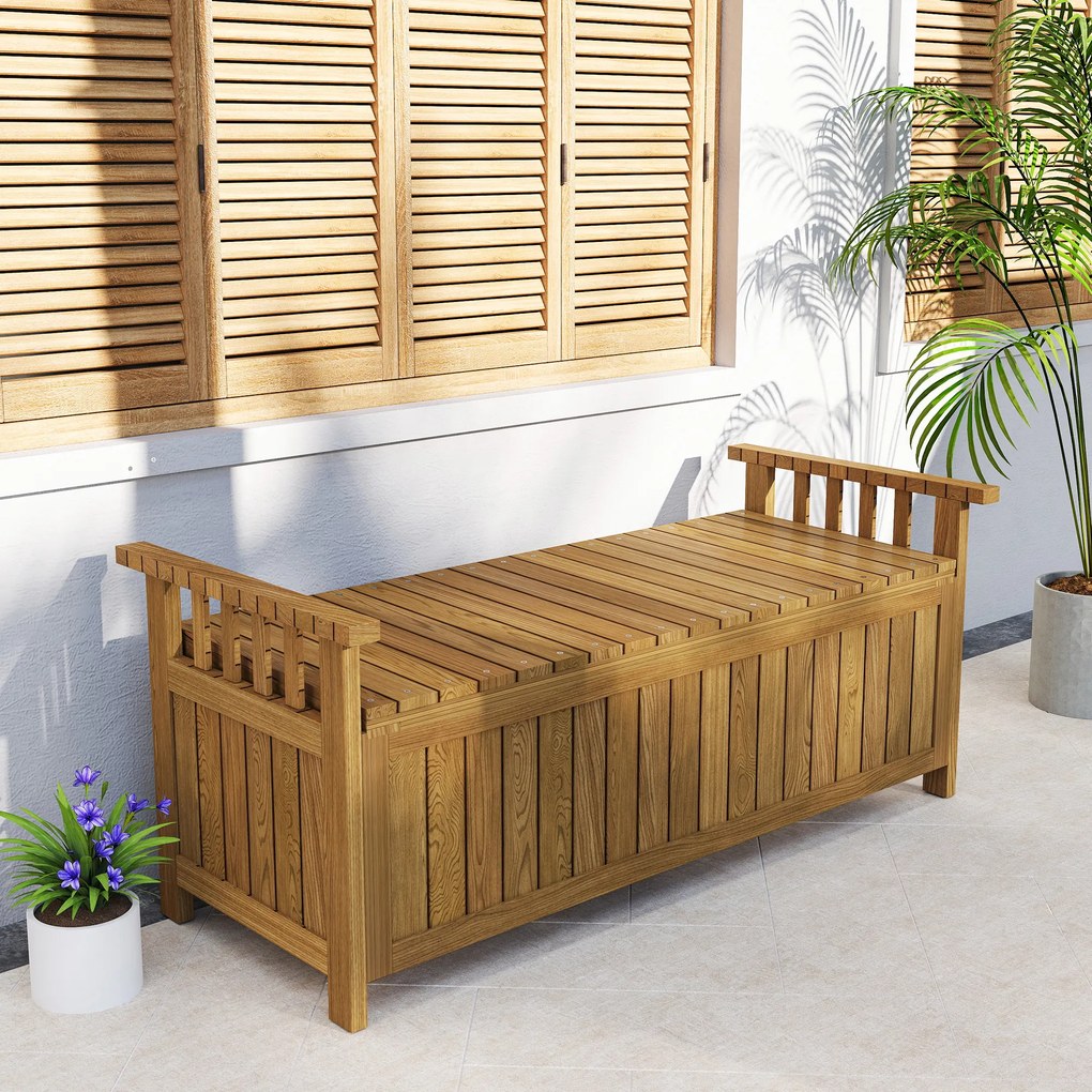 Banco de jardim de 2 lugares em madeira com espaço de arrumação de 151 L, banco de exterior com braços, 128,5 x 56 x 53,5 cm, castanho