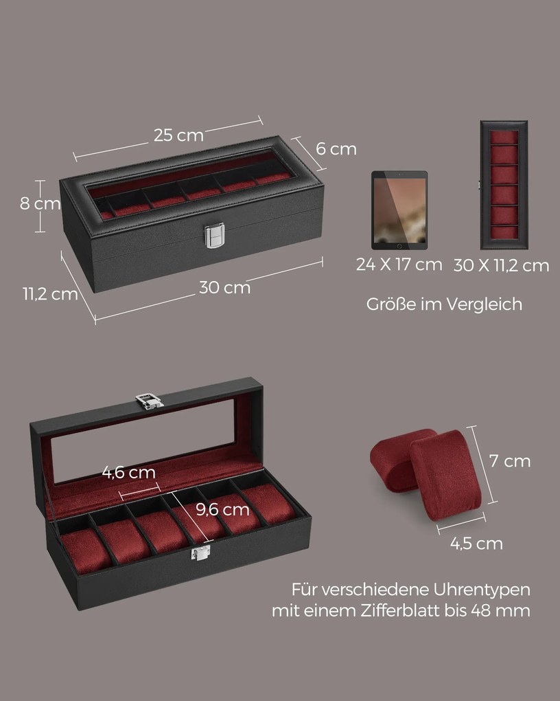 Caixa para relógios com 6 compartimentos 11,2 x 30 x 8 cm, tampa de vidro e fecho metálico preto