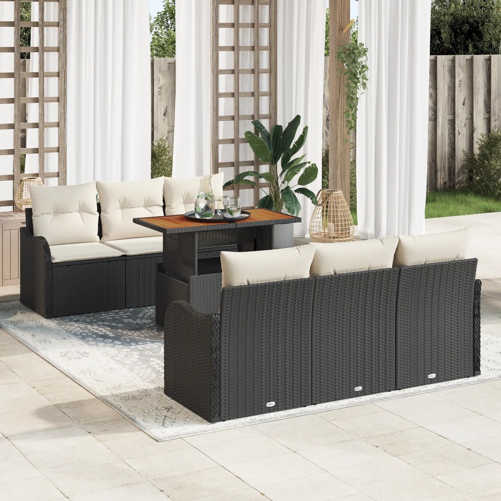 Conjunto de Sofá de Jardim vidaXL 7 Peças com Almofadas Preto Rattan P