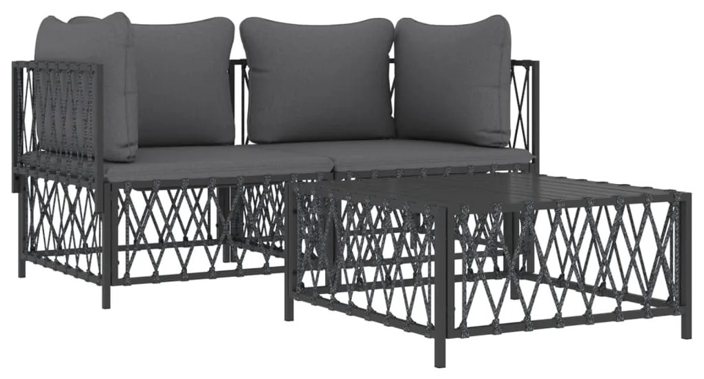3 pcs conjunto lounge de jardim com almofadões aço antracite