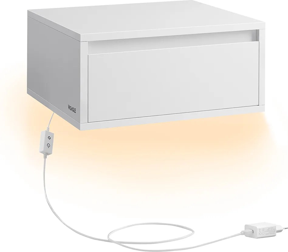 Mesa de cabeçeira suspensa com luzes em 3 cores branco