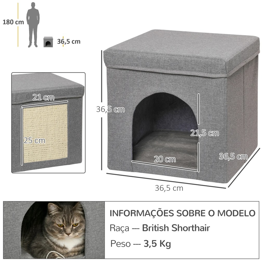 Casa para Gatos Cama para Gatos Casa para Gatos com Placa de Arranhar e Porta Interior 36,5x36,5x36,5 cm Cinza