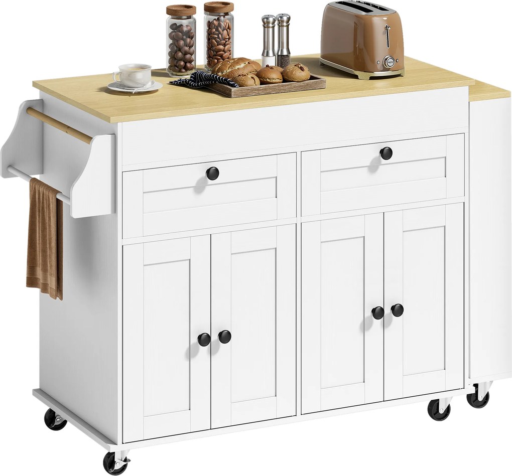 Ilha central de cozinha com tampo extensível, carrinho de cozinha com Rodas, 2 gavetas e 4 portas, branco