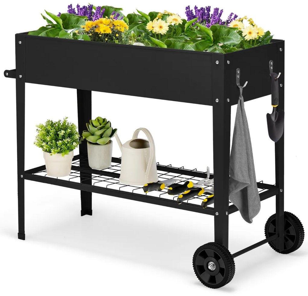 Floreira de jardim elevada 95 x 40 x 80 cm com pernas e prateleira inferior com rodas e pernas de metal preto