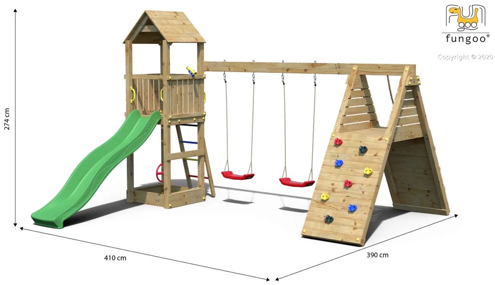 Parque infantil Crianças Exterior FLEPPI KDI Com escorrega, 2 Baloiços, volante, telescópio, uma escada com degraus metálicos, módulo de escalada com