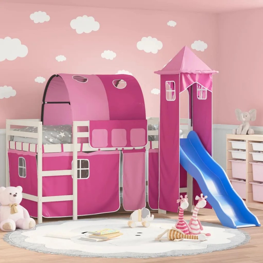 vidaXL Cama alta para criança com torre 90x200 cm pinho maciço rosa