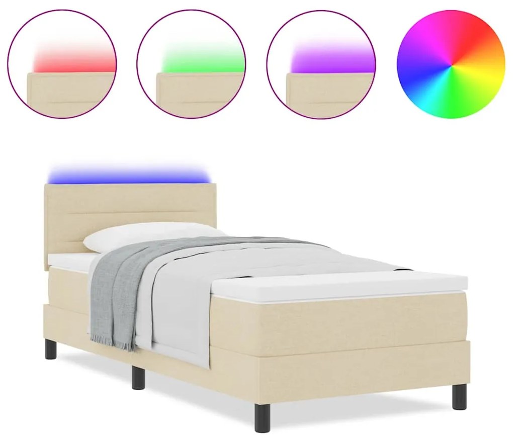 Cama Box com Colchão e LED Creme 100x200 cm Tecido