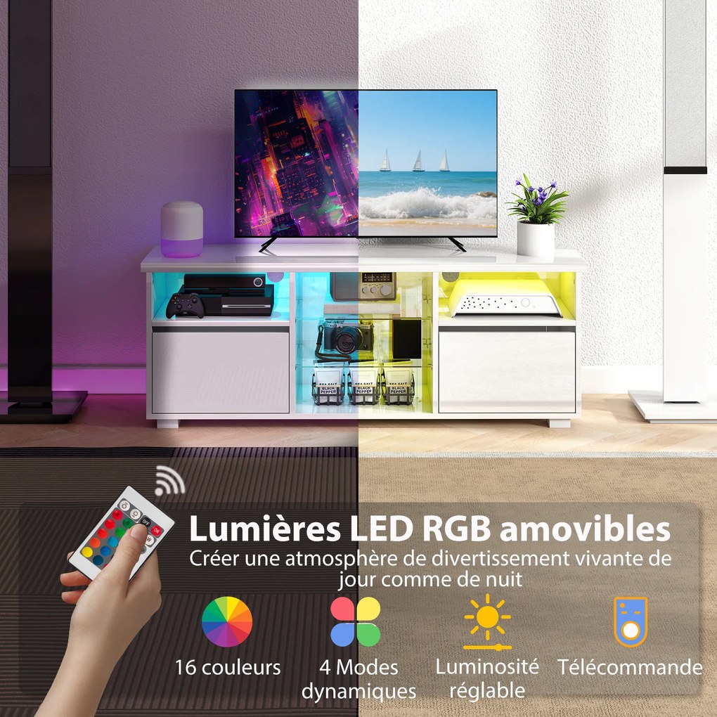 Móvel de TV 120 x 34 x 45 cm, móvel para televisores até 55 polegadas, com iluminação LED e comando à distância, prateleiras em vidro branco