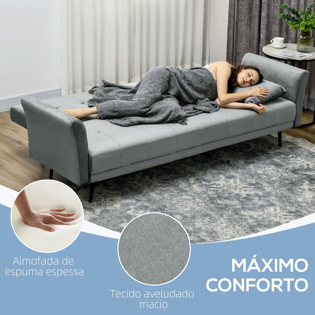 Sofá Cama Convertível Sofá Cama de 3 Lugares com Encosto Ajustável de 3 Níveis e 2 Almofadas Acolchoadas 206x81x83 cm Cinza