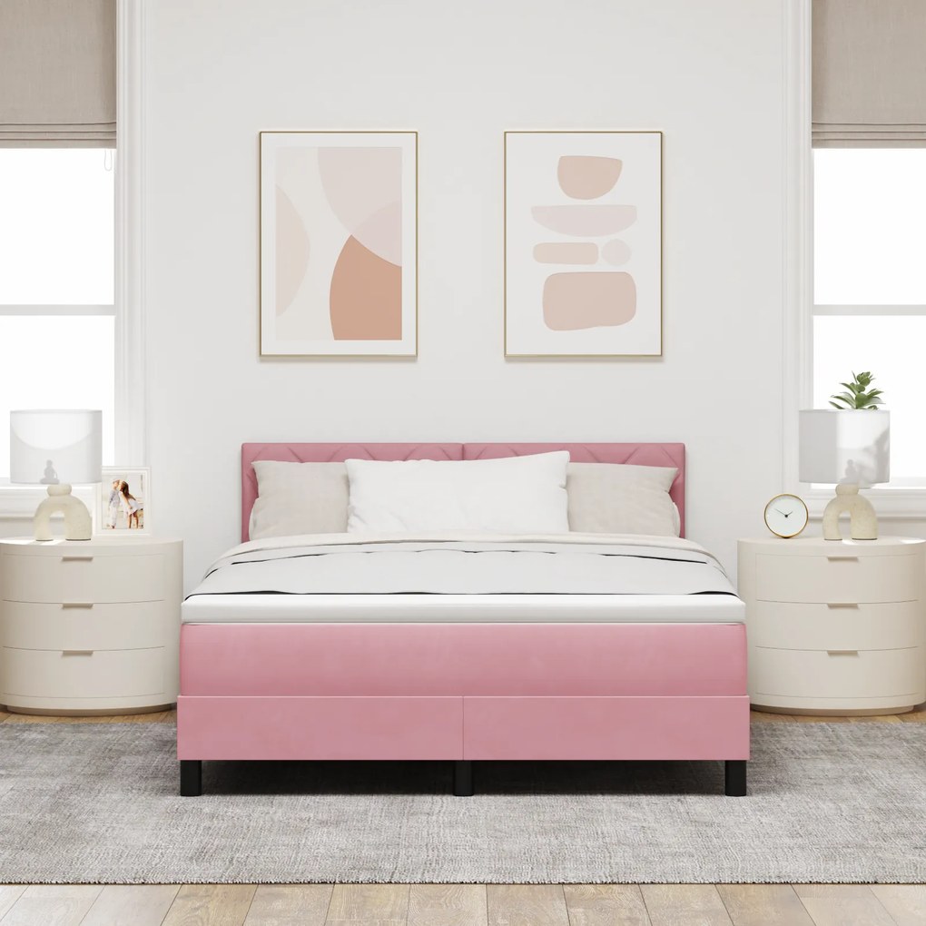 Cama Box Spring com Colchão Rosa 140x200 cm Veludo