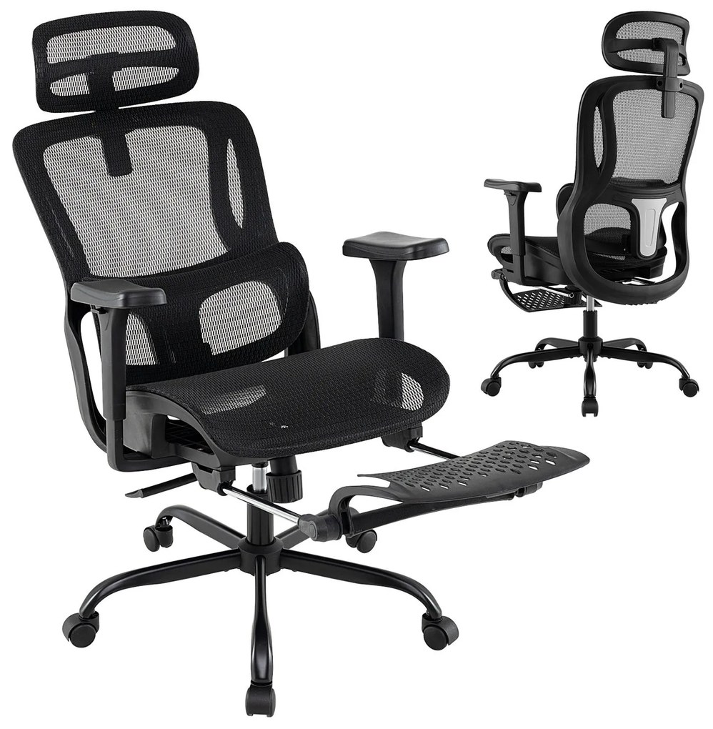 Cadeira ergonómica para computador com apoio para os pés retrátil, apoio lombar ajustável e apoios para os braços, cor preta
