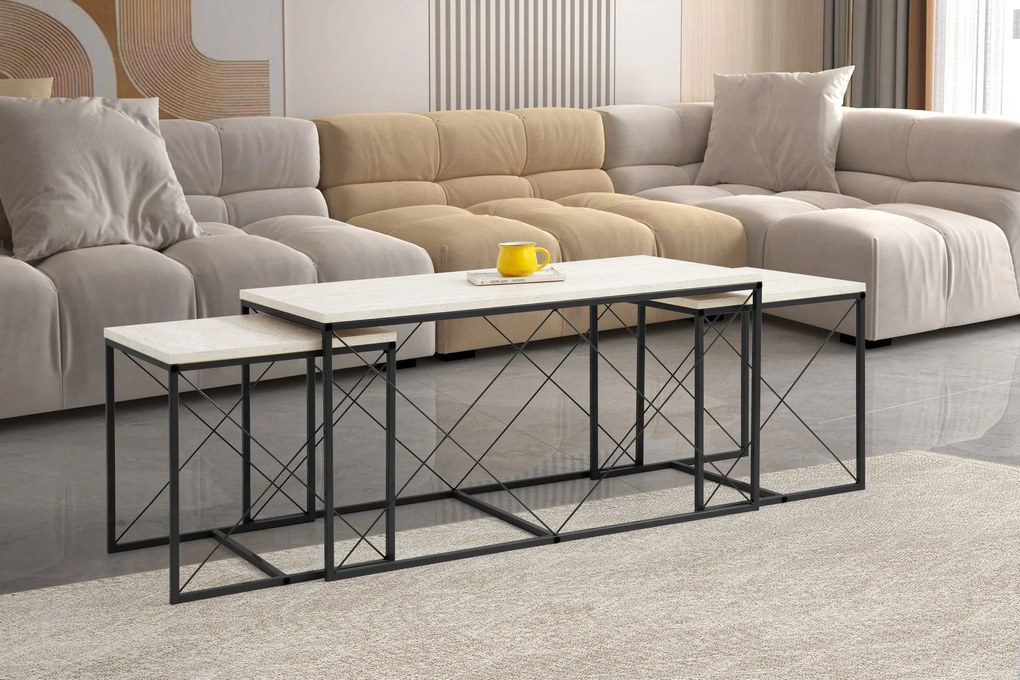**** Conjunto de Mesas de Centro Defne – Preto Travertino – 100x52x50