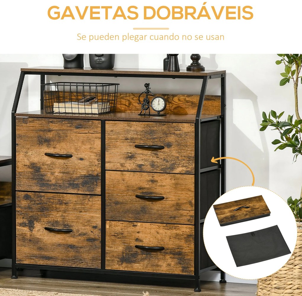 Cómoda com 5 Gavetas de Tecido Dobrável e Prateleira Aberta Armário de Armazenamento para Estudio Dormitório Estilo Industrial Anti-Tombo 83,5x29x87cm