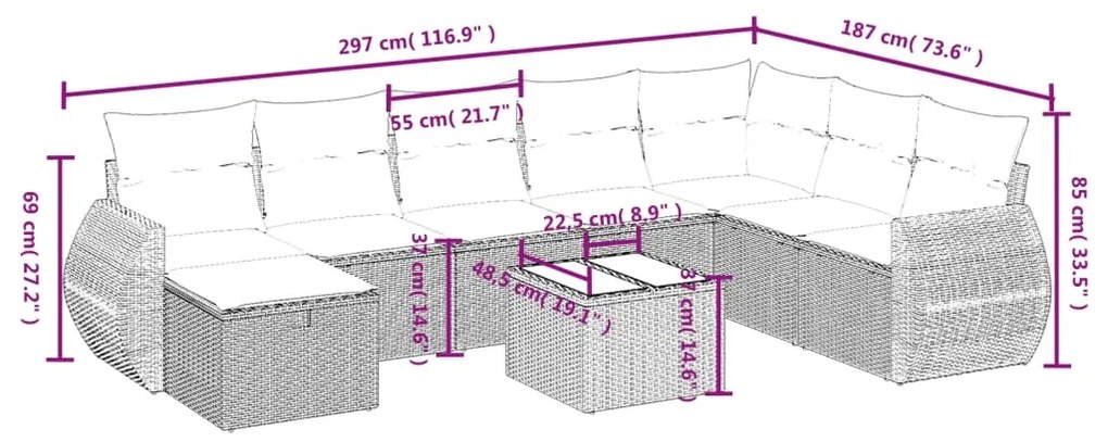 9 pcs conjunto sofás p/ jardim c/ almofadões vime PE castanho