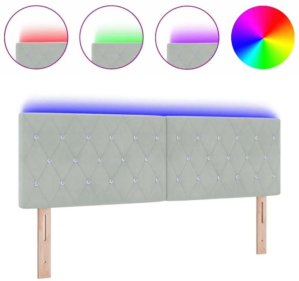 Cabeceira LED com botão cristal, estofada em cinza claro, 72 cm, em ve