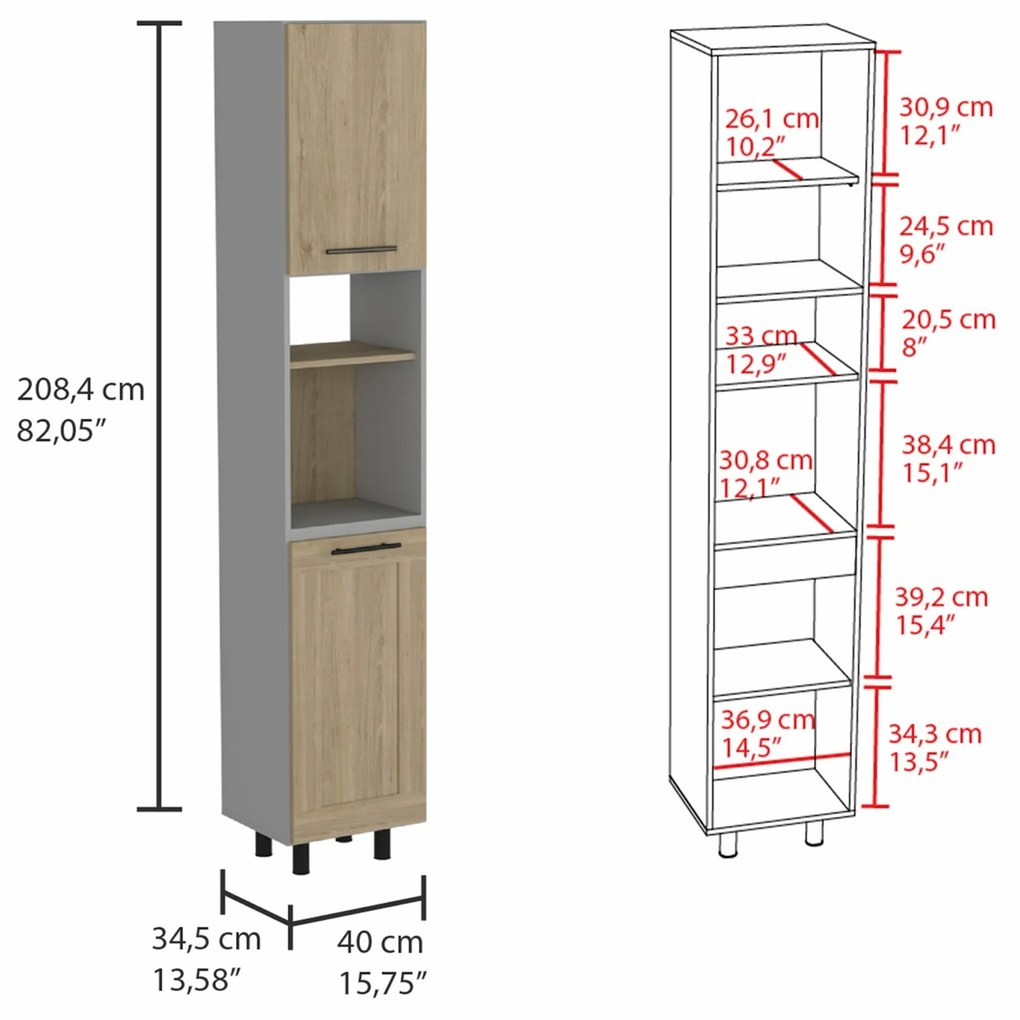 Armário despensa de cozinha alta Hasselt com dois armários de armazenamento e prateleiras internas, 208,4 cm a x 13,75 cm p x 15,75 cm L, cinza/rovere