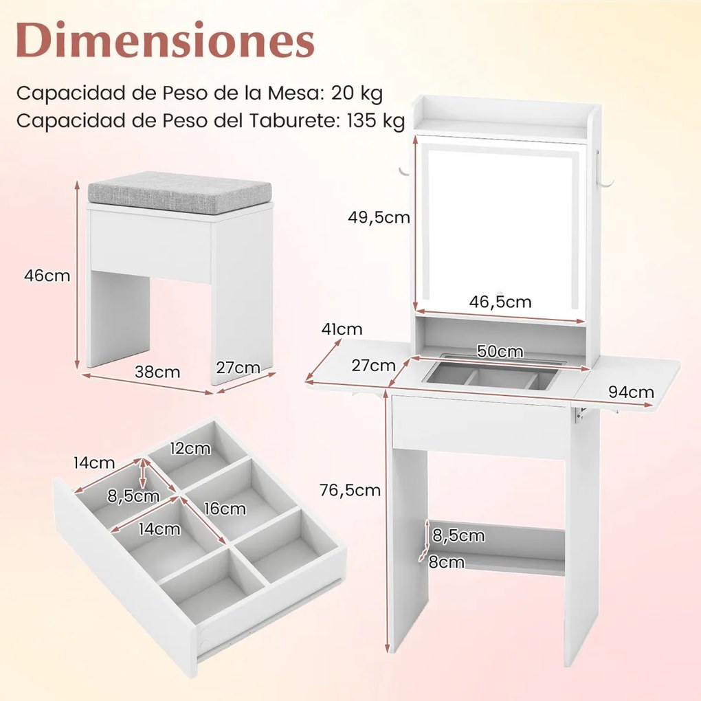 Toucador com espelho e luzes Penteadeira compacta para maquilhagem com tampa de vidro visível Tomadas Painéis dobráveis 3 modos Branco