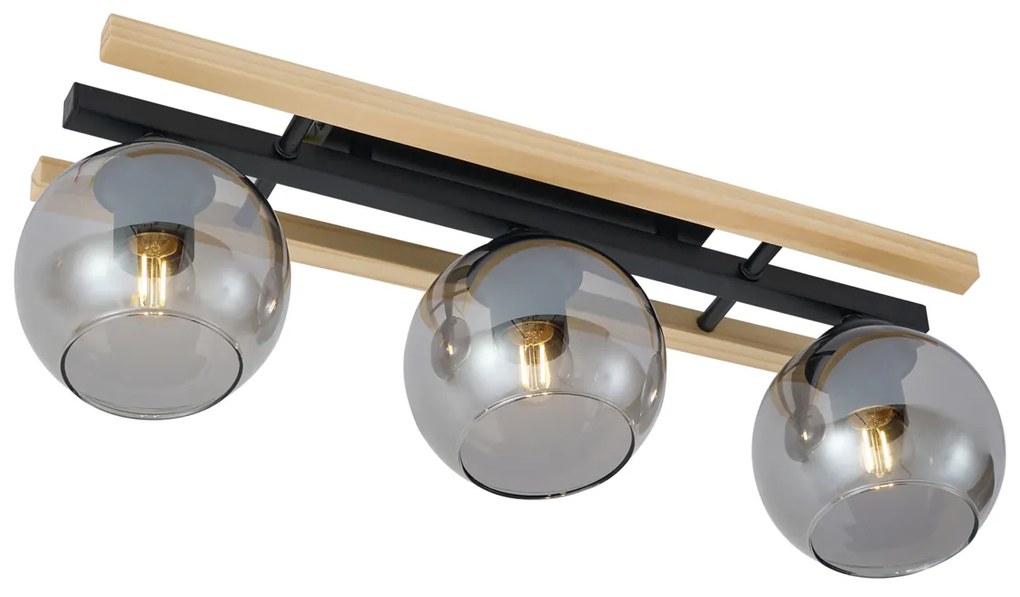 Plafon moderno preto com madeira e vidro fumado 3-luzes - Aleks Moderno