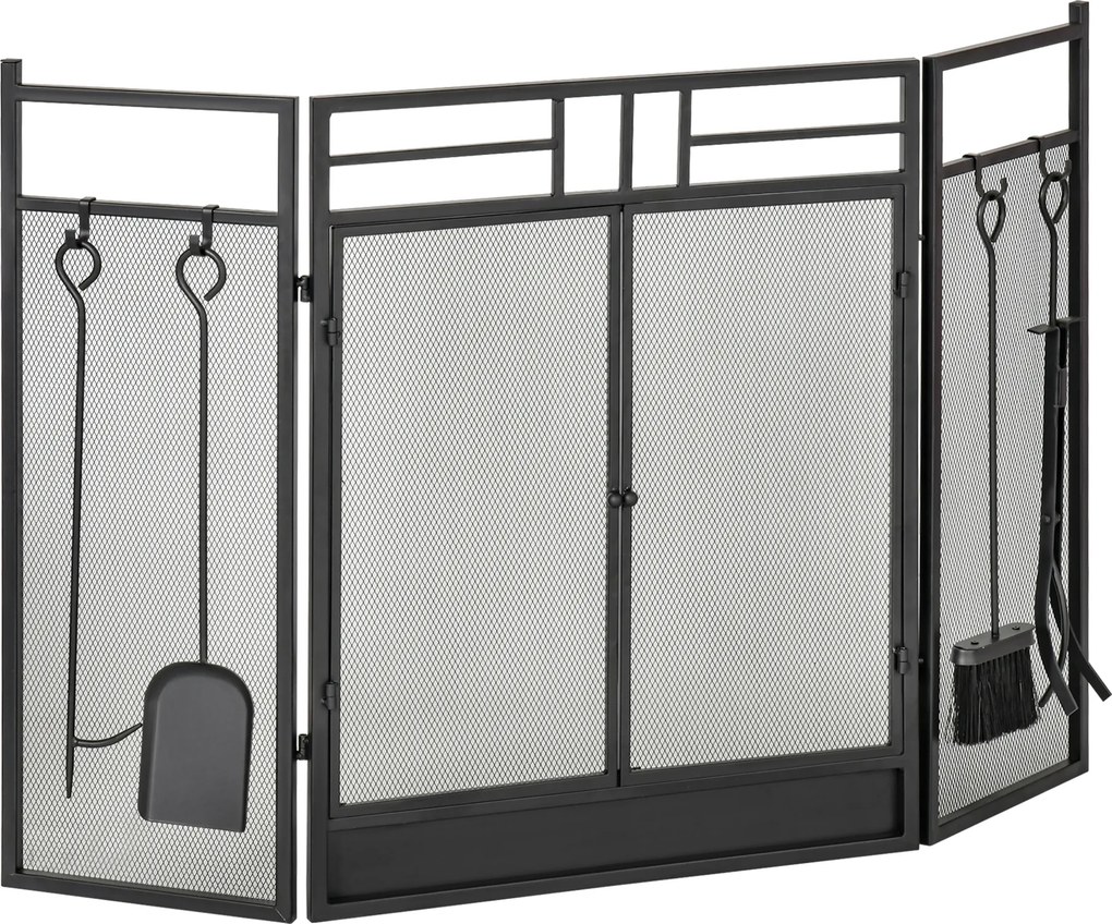 Conjunto de Proteção para Lareira com Utensílios, 122 x 1,6 x 80 cm, 3 Painéis Dobráveis com Porta, Preto