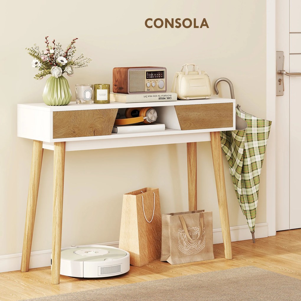 Mesa de Consola Estreita Consola de Entrada Moderna com 2 Gavetas Compartimento e Pés de Madeira 100x30x75 cm Branco
