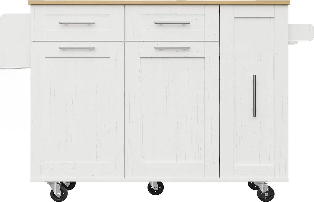 Ilha de cozinha com tampo de mesa rebatível, carrinho de serviço com prateleiras para petiscos e armários extensíveis, 134,5x46/74x90,5 cm, Branco