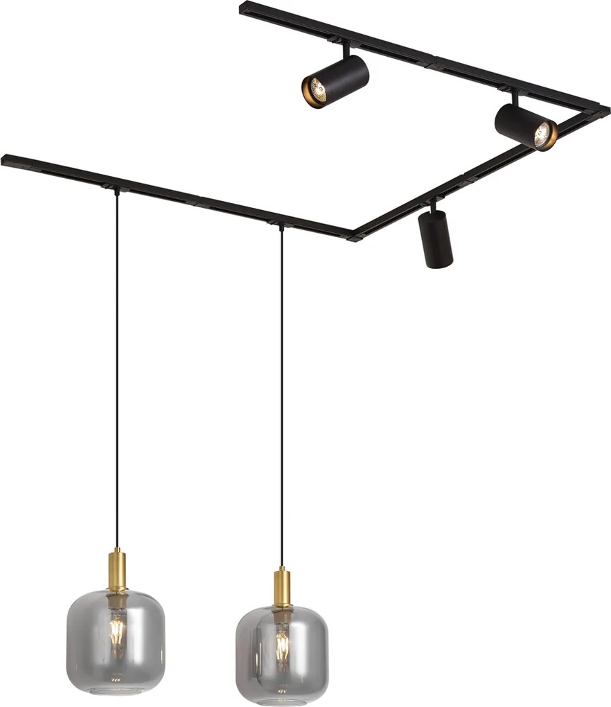 Sistema de calhas moderno preto com 2 candeeiros pendentes e 3 focos monofásico - Iconic Zuzanna Jeana Luxe