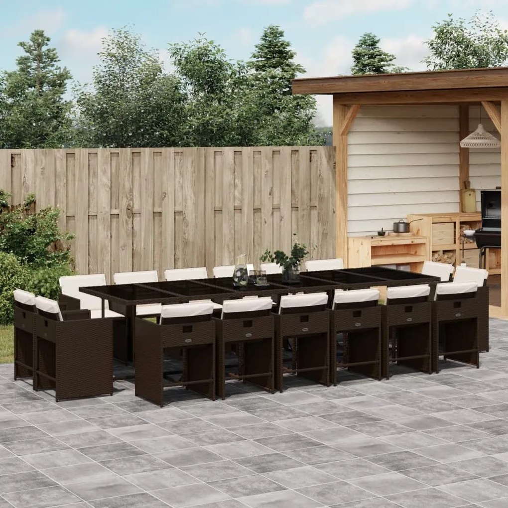17 pcs conjunto jantar p/ jardim c/ almofadões vime PE castanho