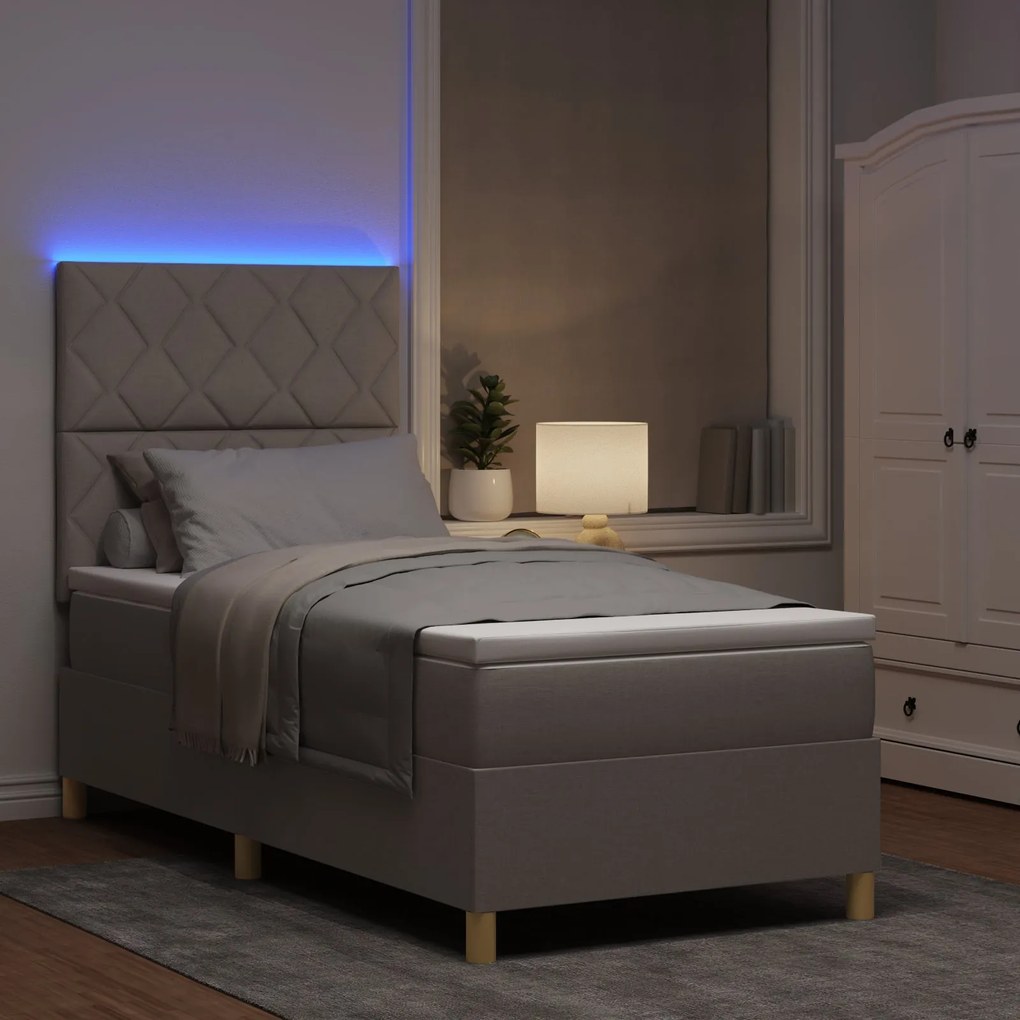 Cama Box Spring com Colchão & LED Taupe 100x200 cm Tecido