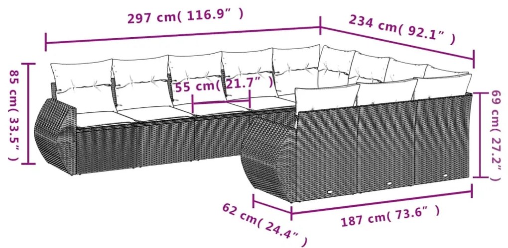 10 pcs conj. sofás jardim com almofadões vime PE cinzento-claro