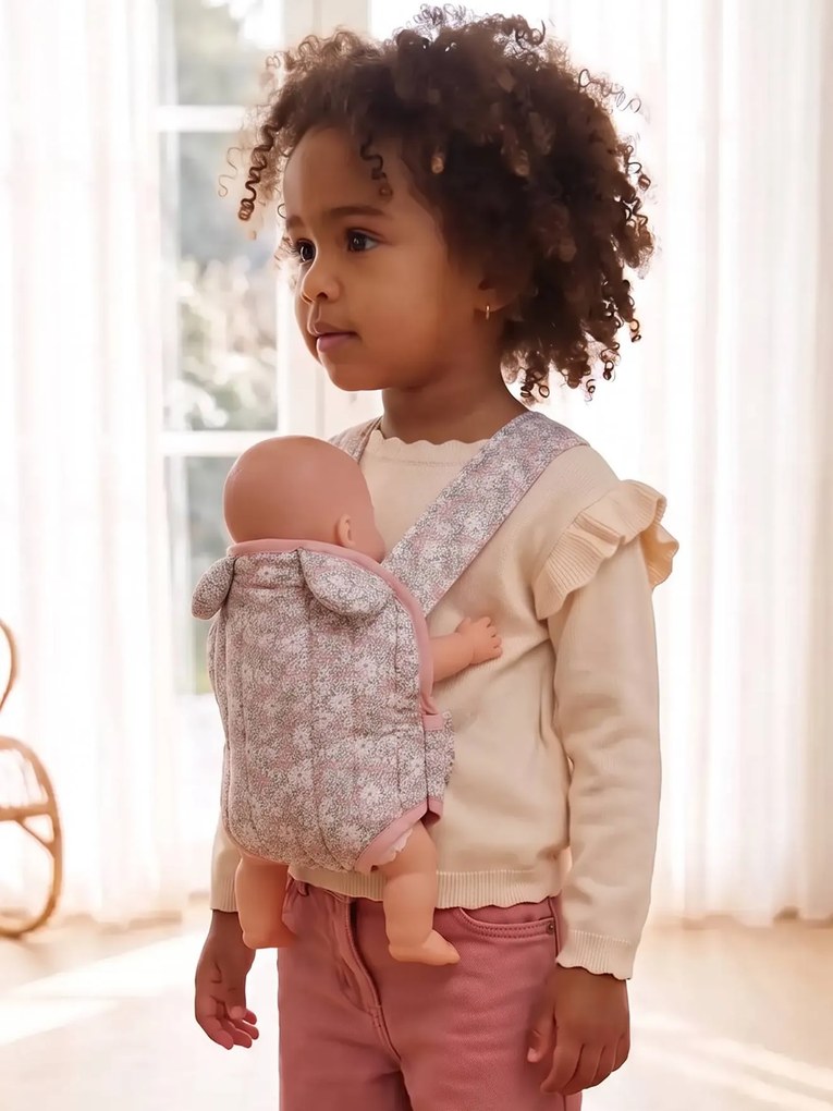 Porta-bebé de boneca em gaze de algodão estampado rosa