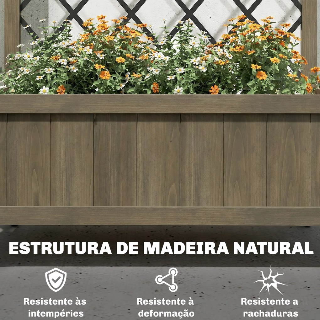 Floreira de Madeira com Grade Metálica e Rodas para Plantas Trepadeiras Vaso Elevado 72x36x168 cm Carbonizado