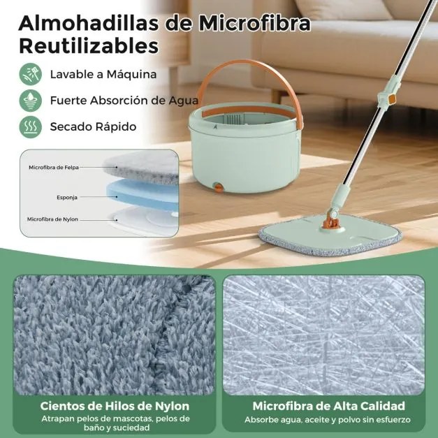 Conjunto de esfregona e balde com escorredor para pisos lisos com 8 panos de microfibra laváveis, esfregona para limpar paredes, mãos livres, verde